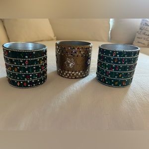 🎅🏻SALE FESTIVE VOTIVE CANDLE HOLDERS (3) VINTAGE HEAVILY EMBELLISHED 3 1/4”INDIA